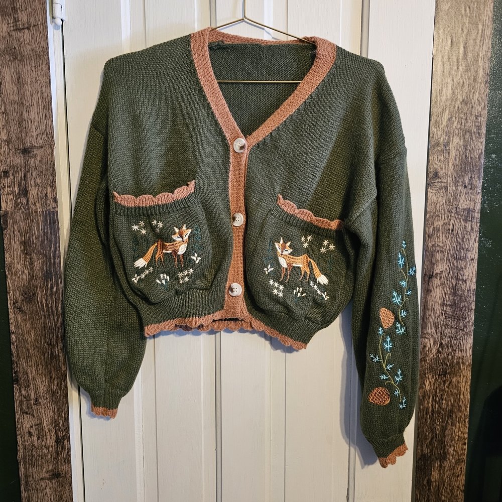 *NEW* Embroidered Fox Pocket Cardigan - Olive & Rust